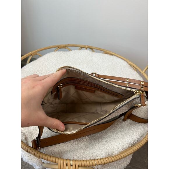 Michael Kors Half Moon White Monogrammed Leather Tassel Side Body Purse - Picture 5 of 11